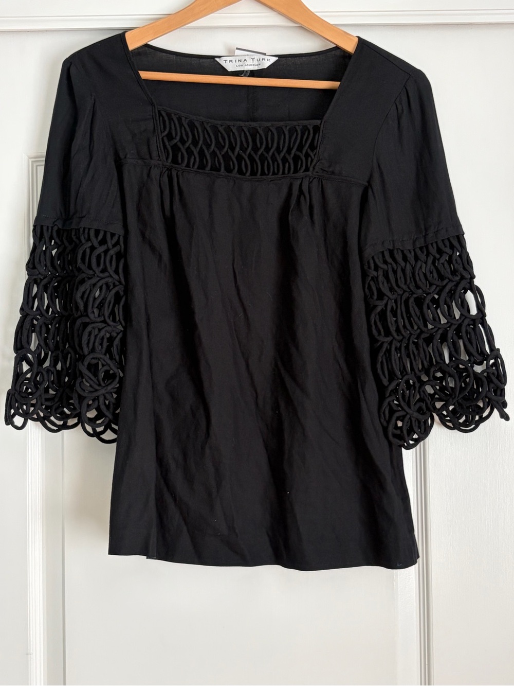 Trina Turk Black Cotton Blouse Crochet Openwork Sleeves Side Zip Size 8